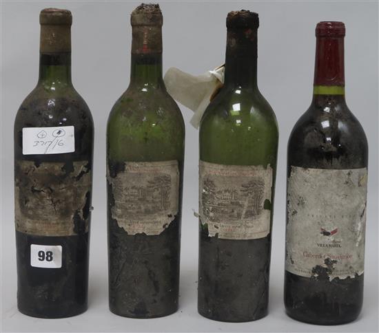 Three bottles of Chateau Lafite Rothschild, 1952 ( two with poor levels) and a bottle of New Zealand Cabernet Sauvignon.
